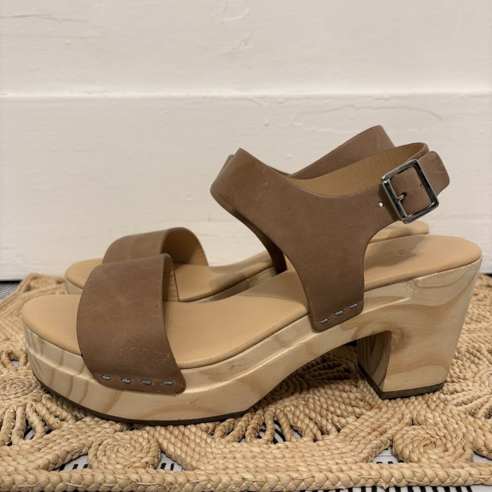 Nisolo All Day Open Toe Clog Sandals Almond Brown Leather Platform Shoes Size 9